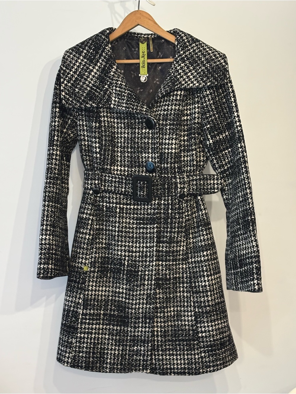 Soia & Kyo Houndstooth Belted Wool Blend Coat Jacket Black White Plaid Tweed XS
